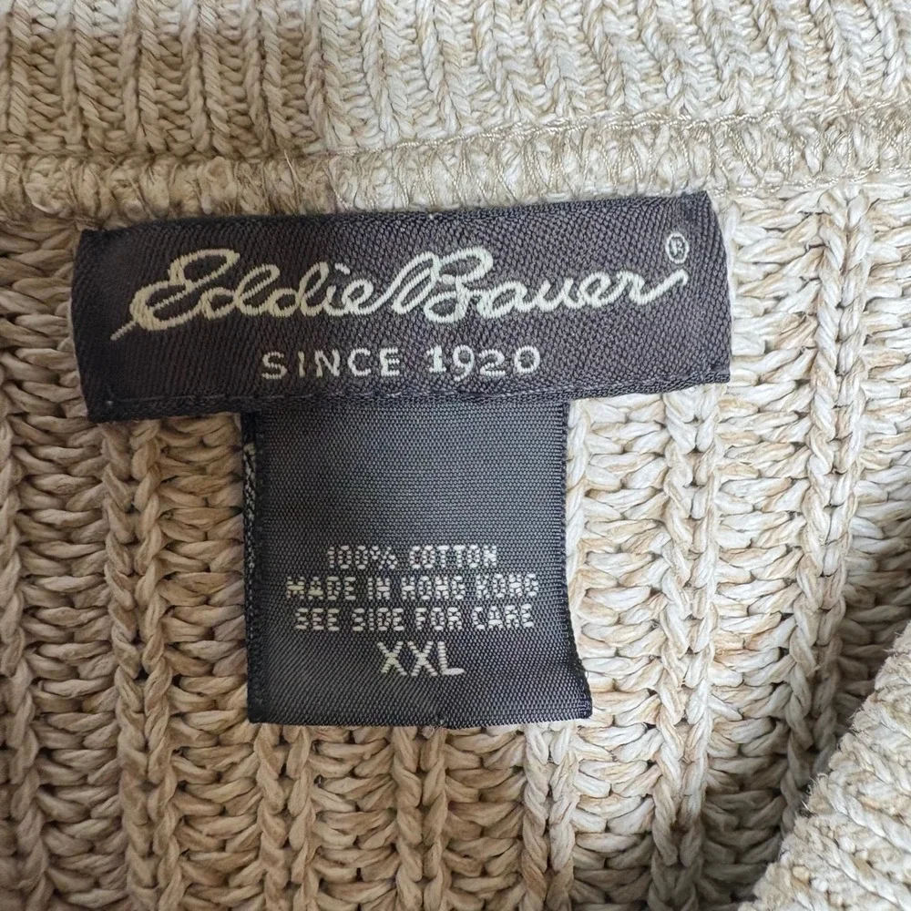 Eddie Bauer Mens XXL Beige Marled Cotton Heavy Chunky Knit Shawl Henley Sweater